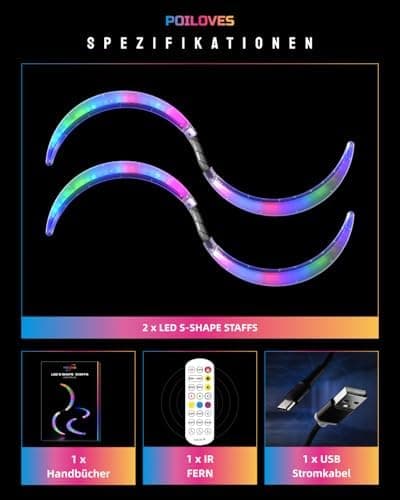 Magic LED S-Form Stäbe - Farben und tiefgreifender visueller Effekt für Jonglieren - 241 Farblichtmodi USB-Aufladbar