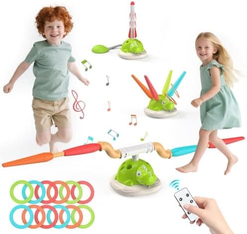 IMAYCC 3 in 1 Indoor Outdoor Spiele für Kinder: Ringwurf, Rakete und Seilspringmaschine - 4 Geschwindigkeiten, musikalis