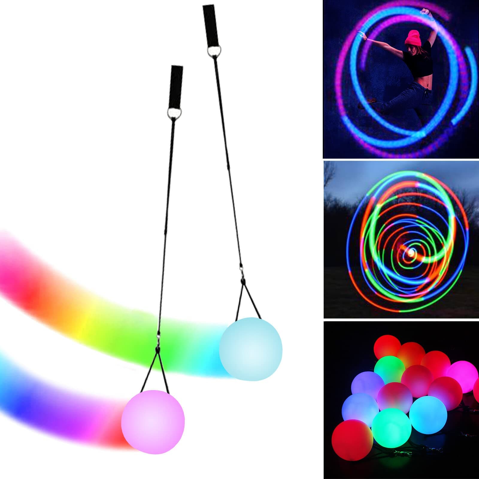 LED Poi Bälle: 2 Stück LED Glow POI Kugeln für Anfänger und Profis mit Regenbogen Farben und Strobe-Effekt